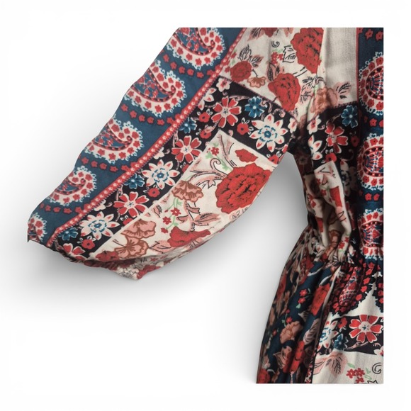 Boho Patchwork Floral Paisley Maxi Dress Vneck Tiered Puff Sleeve Red Navy Cream - Picture 3 of 12